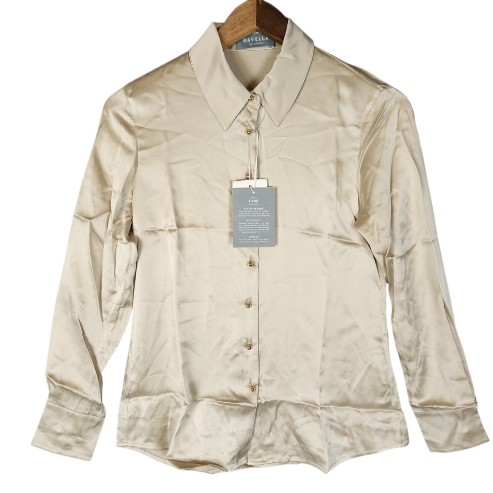 Ravella Milano 100% Silk Blouse XXS Champagne Gold Ball Buttons Long Sleeve New